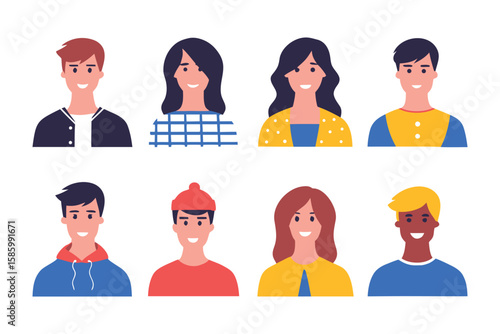 A Mosaic of Smiles: A captivating array of diverse, cheerful faces, each exuding unique charm and character, illustrated to embody the spectrum of human expressions and personalities.
