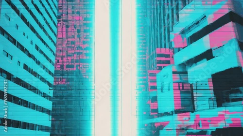 A vibrant urban scene featuring tall skyscrapers with a mix of blue and pink lighting. The buildings reflect modern architecture and city life.