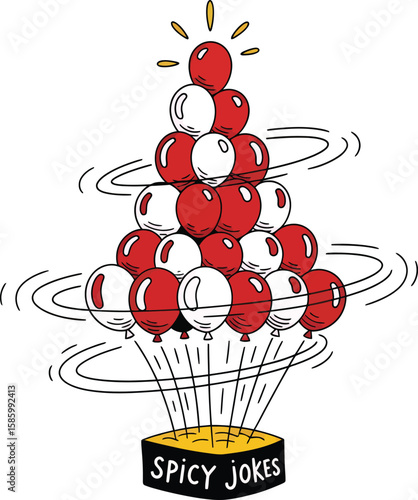 A pyramid of red and white balloons rising from a box labeled Spicy Jokes.