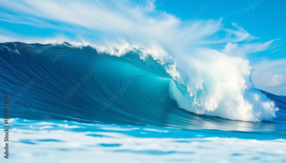 Fototapeta premium Crashing blue ocean wave with white capped crest against a vibrant blue and white sky, foam, ocean wave