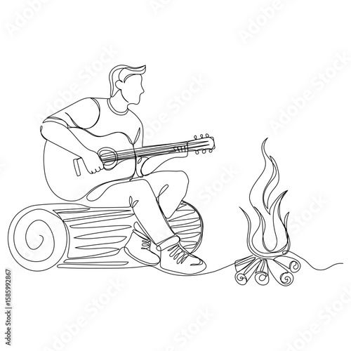 Continuous one line drawing of a man playing a guitar near the campfire. Camping concept. Vector illustration 
