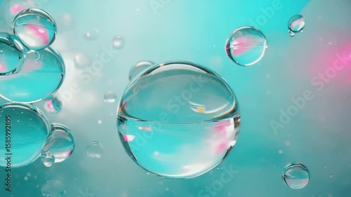 Close-up of transparent water droplets on a colorful background. The droplets vary in size and reflect light, creating a vibrant visual effect.