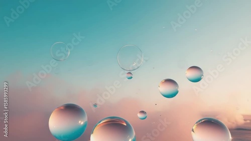 Colorful soap bubbles floating in a soft pastel sky. The bubbles reflect light and create a dreamy atmosphere.