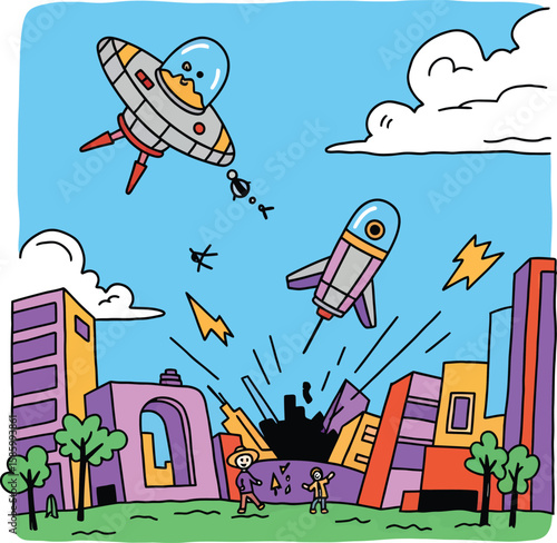 Colorful cartoon of a UFO and rocket ship attacking a vibrant city during an alien invasion.