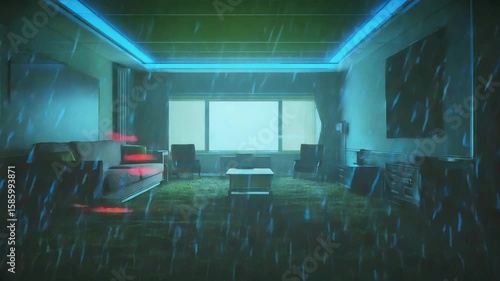 A modern living room with neon lighting. Rain is visible through the large window. The room features a coffee table, chairs, and a carpet.