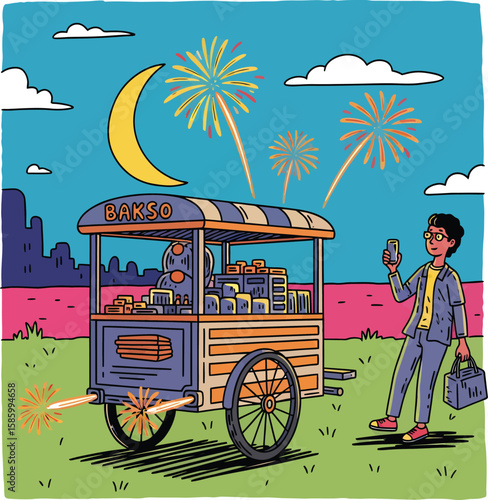 Colorful Bakso Cart with Fireworks and a Man Taking a Picture.