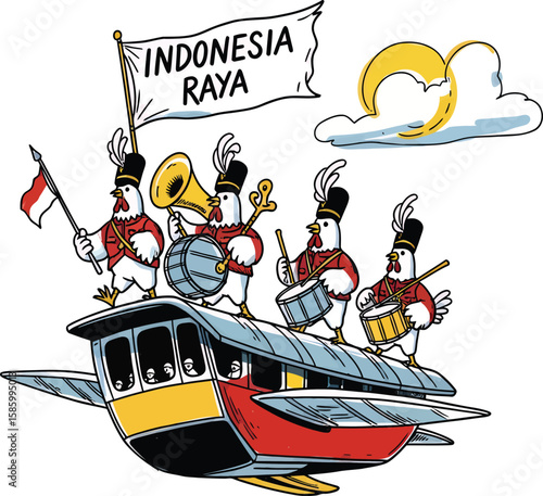 Cartoon chicken marching band celebrating Indonesia Raya on a futuristic flying vehicle.