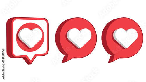 Three red speech bubbles with white hearts inside symbolizing social media likes