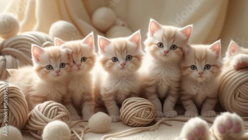 A warm and cozy scene featuring a litter of adorable, fluffy kittens, each with soft, rounded faces, bright curious eyes, and tiny pink noses
