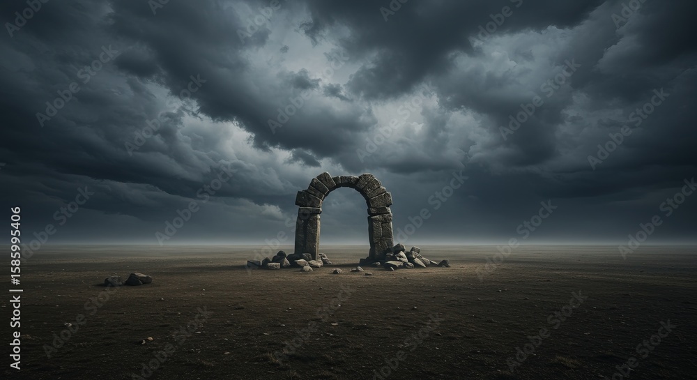 Fototapeta premium Stone archway remnant stands against a dramatic, moody sky, featuring desolate plains and atmospheric perspective.