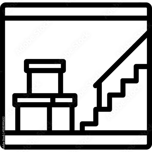 Basement room with stairs and storage boxes outline icon vector