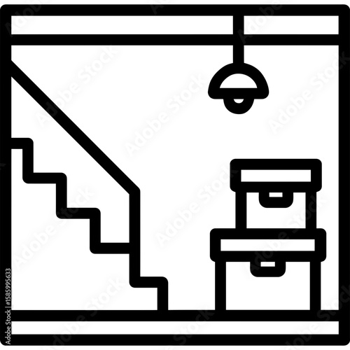 Basement room with stairs and storage boxes outline icon vector
