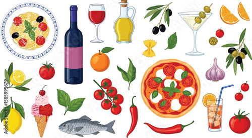 Italian cuisine assortment with pizza, pasta, wine, olive oil, and fresh ingredients