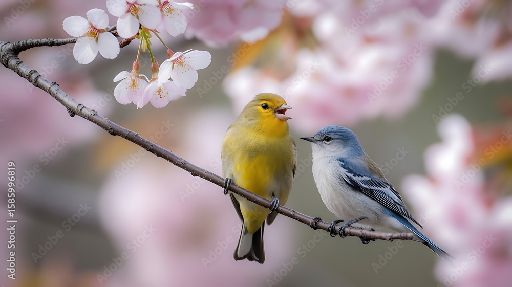 Two birds are perched on a branch with cherry blossoms for friendship day Two birds are perched on a branch with cherry blossoms for friendship day