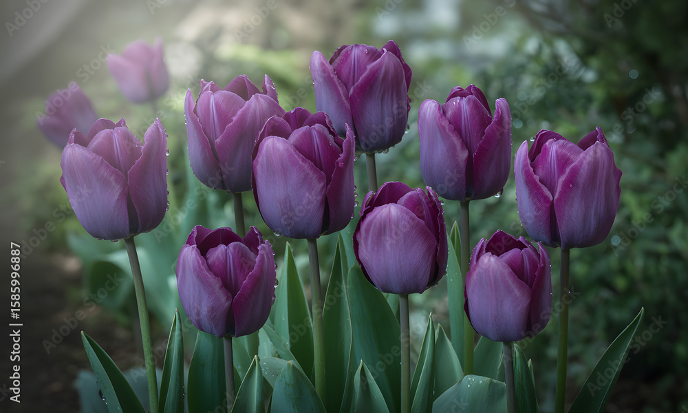 Fototapeta premium Purple tulips close up garden