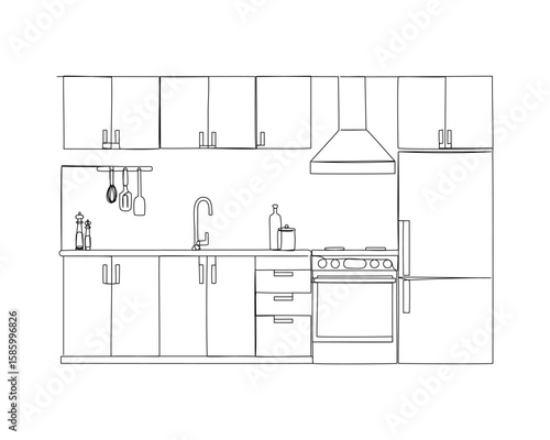 Continuous one line drawing of a kitchen interior. Vector illustration 