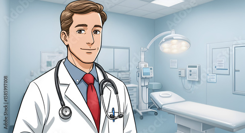 Male doctor standing confidently in a hospital room with medical equipment