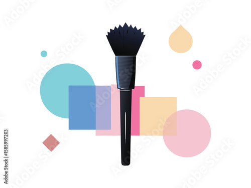Stylized makeup brush with abstract geometric shapes and circles isolated on white background
