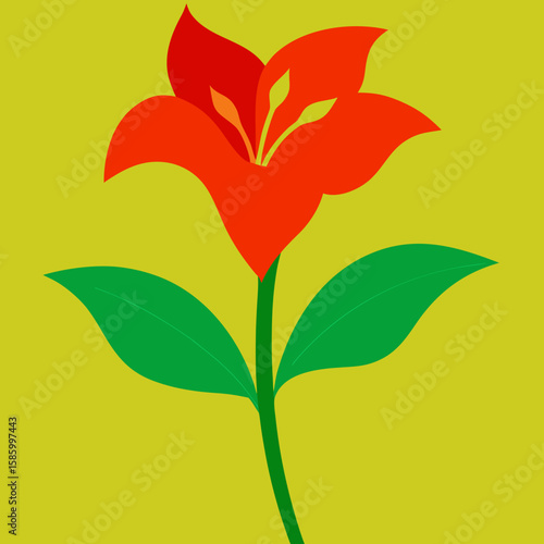 Red Rose with Heart and Green Leaves Floral Vector Illustration for Valentine Love Romance Card Design and Nature Beauty Decoration