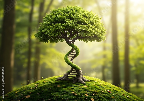 A surreal tree with a trunk shaped like a double helix DNA strand, symbolizing the connection between nature and genetics, growing on a mossy forest mound with lush green foliage at the top, bathed in
