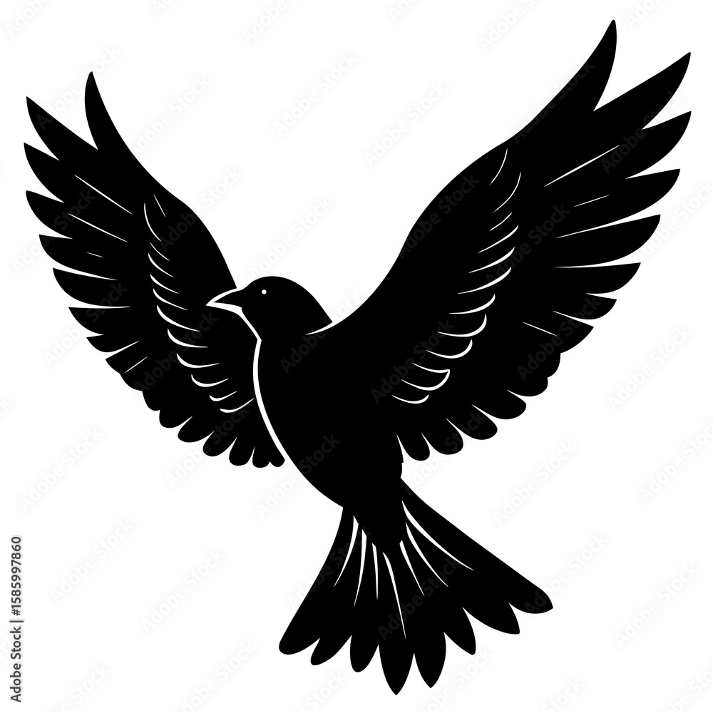 Obraz premium Black bird in flight with spread wings silhouette