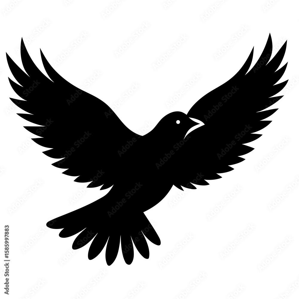 Obraz premium Black bird soaring with wings outstretched flying silhouette
