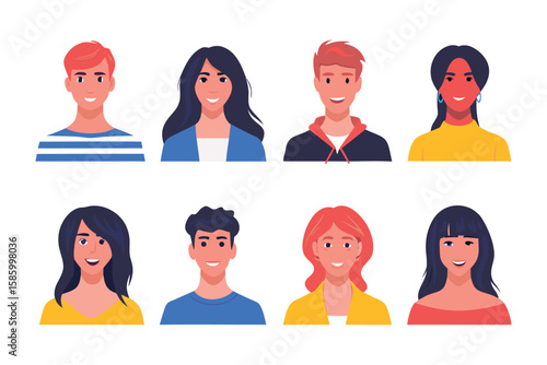 Diverse Portraits of Modern Individuals: a collection of contemporary illustrations, each presenting a unique face showcasing the beauty of diversity and individual expression. 