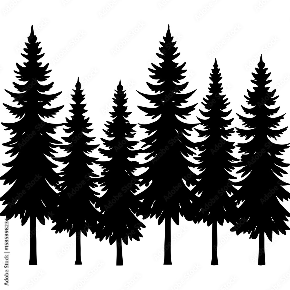 Obraz premium Black pine trees forest silhouette white background