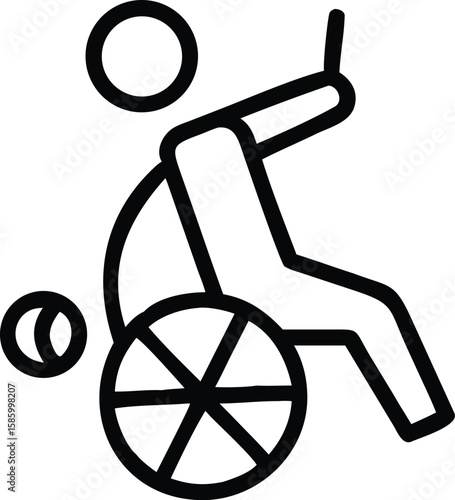 Simple black line art icon of wheelchair user with ball sport activity