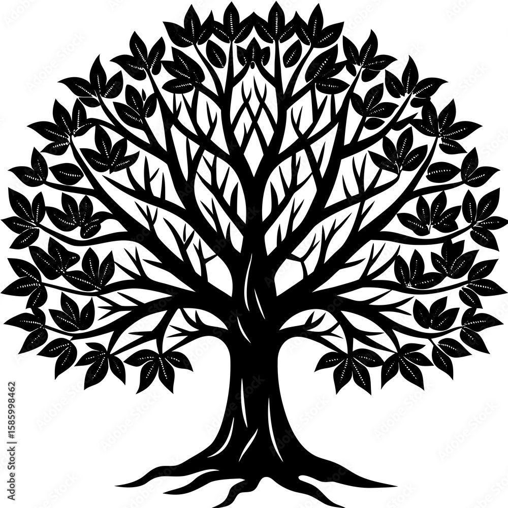 Obraz premium Black silhouette of a large leafy tree with visible roots