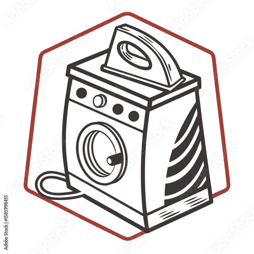 Minimalist Line Art Illustration of a Domestic Washing Machine and Iron for Household Appliance Design Featuring Simplified Components and Clean