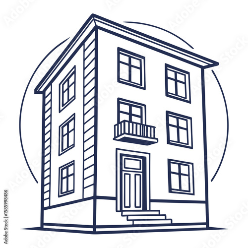 Minimalistic Line Drawing of a Four-Story Modern Residential Building with Balcony and Entrance Steps Emphasizing Architectural Simplicity and Clean
