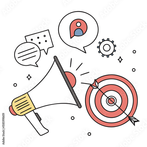 Digital marketing concept illustrating targeted advertising and audience engagement with icons of a megaphone, social media, gears, and a bullseye