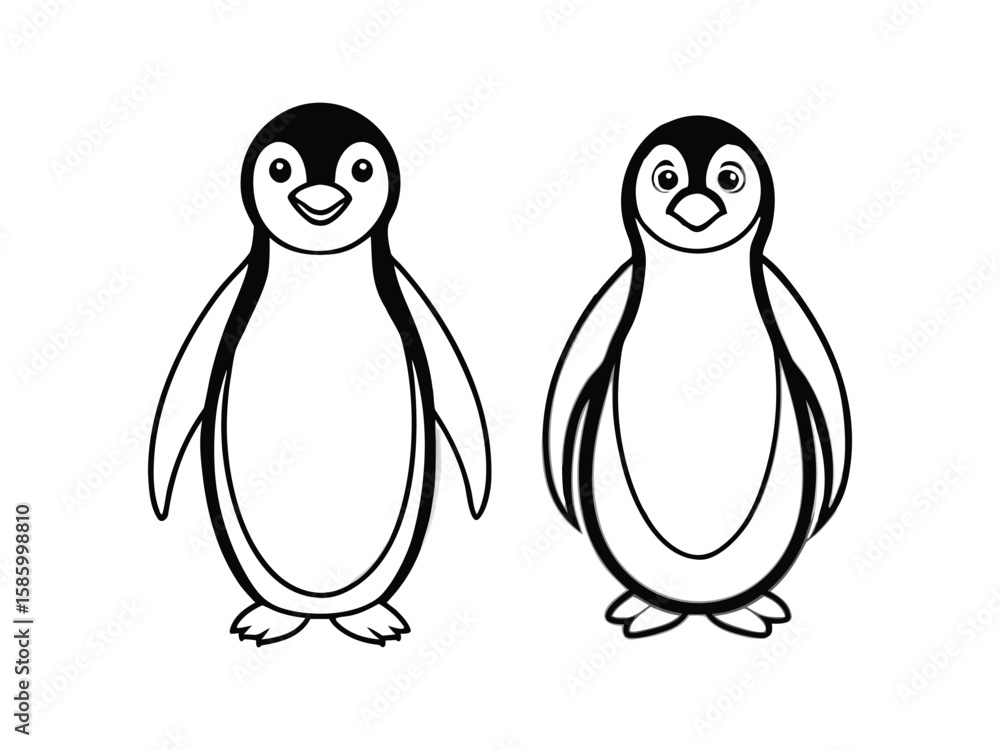 Naklejka premium Two cute cartoon penguins standing side by side isolated on white background