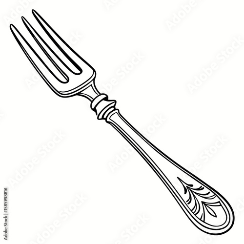 Elegant vintage style silverware illustration featuring a detailed fork with intricate ornamentation on the handle perfect for culinary design