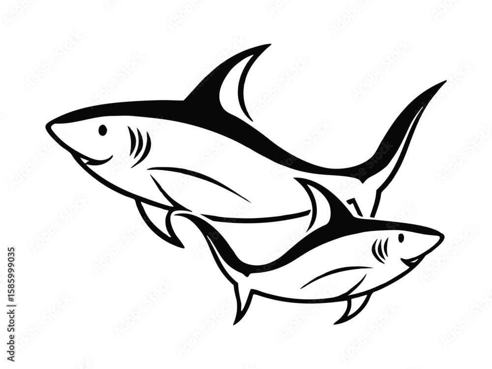 Obraz premium Stylized black and white drawing of two friendly sharks swimming together isolated on white background 