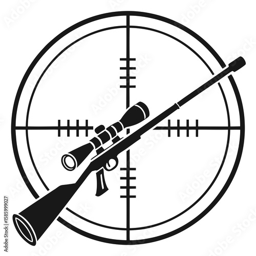 Silhouette of a sniper rifle aimed through a tactical scope against a crosshair background representing precision shooting and long-range targeting