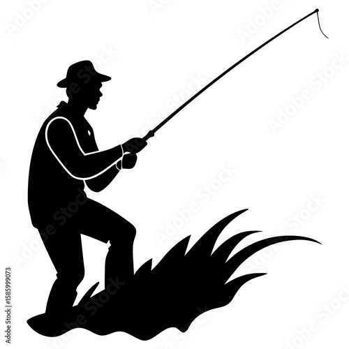 Fisherman casting rod near riverbank reeds fishing