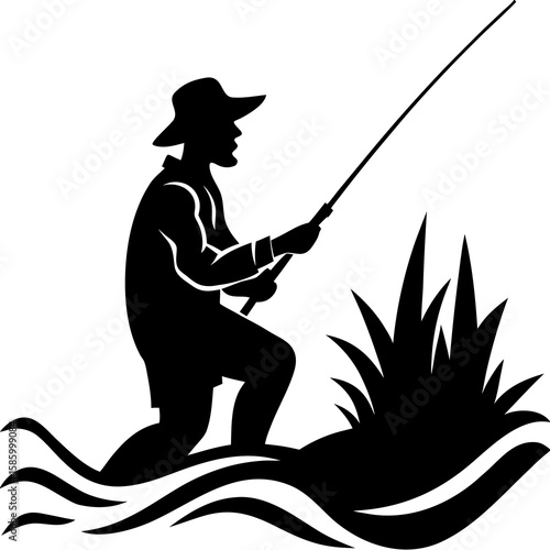 Fisherman casting rod near river reeds fishing water