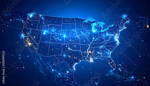 Glowing Blue Map of the United States at Night