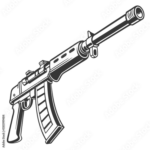 Black and White Line Drawing of a Semi-Automatic Rifle with Scope and Magazines for Sporting and Tactical Use