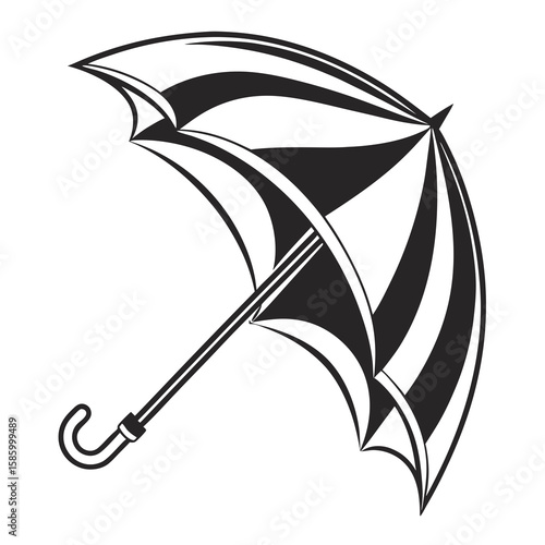 Stylish black and white striped umbrella with curved handle depicted in monochrome silhouette emphasizing form and pattern