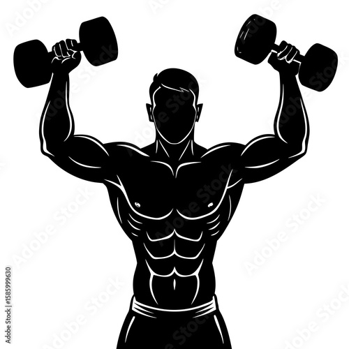 Muscular man lifting black dumbbells silhouette