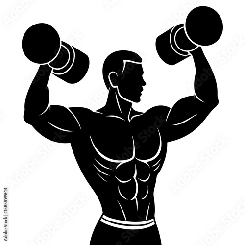 Muscular man lifting black dumbbells silhouette