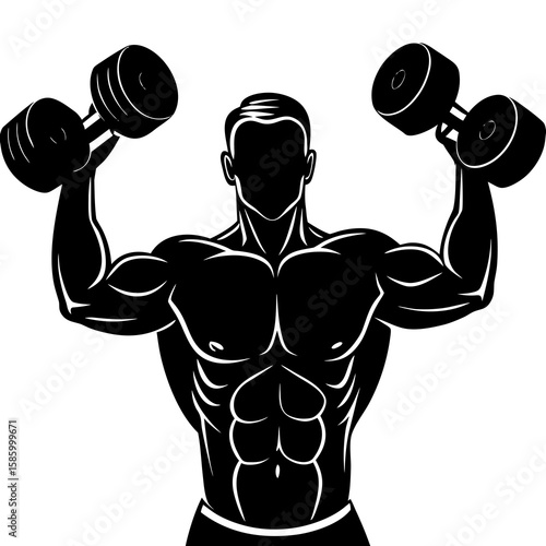 Muscular man lifting dumbbells silhouette bodybuilder