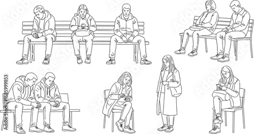 Diverse individuals in various settings, engrossed in their mobile devices, waiting or relaxing, showcasing modern communication habits and digital engagement, isolated on white background