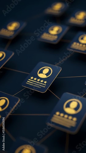 Futuristic user profiles with five-star ratings linked together in a network, depicting social credibility, talent sourcing, or data-driven hiring on a glowing dark tech background.