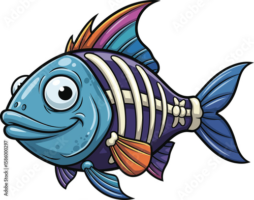 Xenial Cartoon X-Ray Fish with Colourful Bones - Humorous Aquatic Clipart