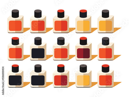 Collection of colorful nail polish bottles arranged in rows isolated on white background
