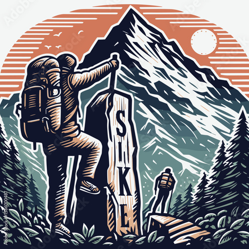 Summit Challenge: Bold Climber T-shirt Design with Rugged Mountain Peaks